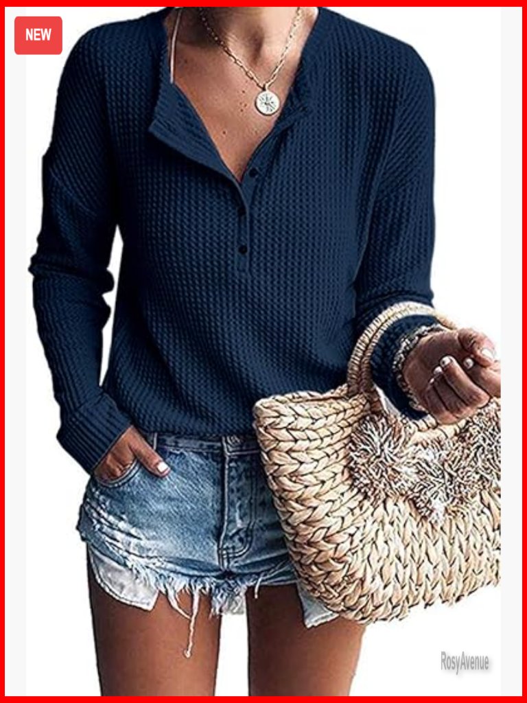 Waffle Knit Tunic Top Long Sleeve Button Up Henley V Neck Loose Fit